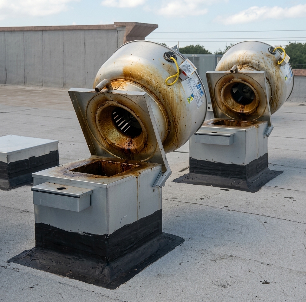 Before — Rooftop exhaust fans — grease-laden housings degreased to bare metal. Bay Area restaurant.