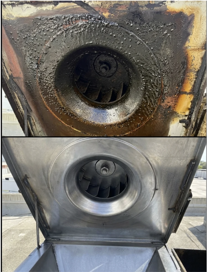 Rooftop exhaust fan — heavy grease load, cleaned to bare metal