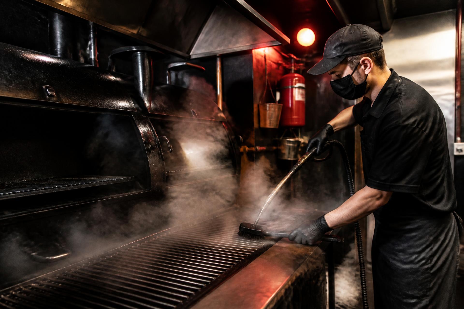 Technician deep cleaning a commercial barbecue grill and smoker